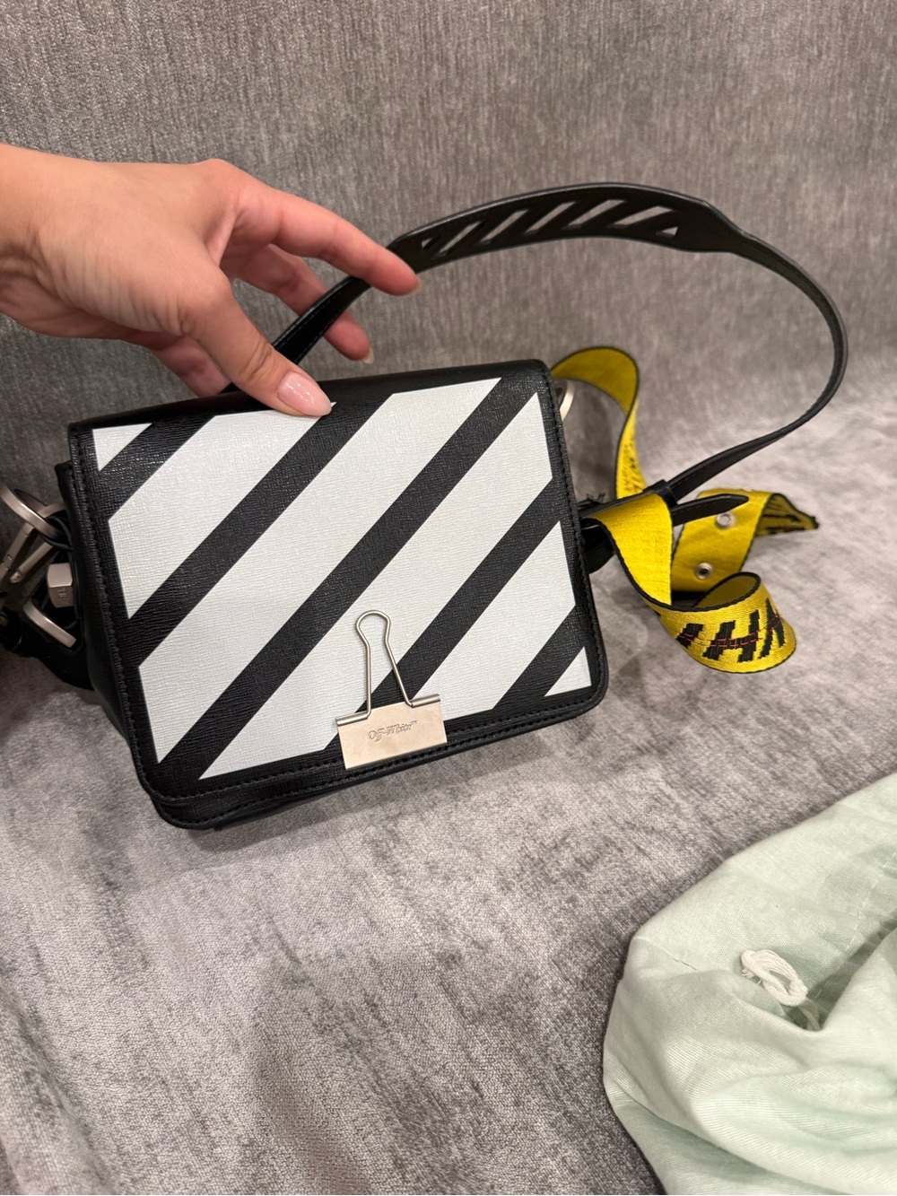Off-White Black & White Diagonal Stripe Crossbody with Yellow Industrial Strap